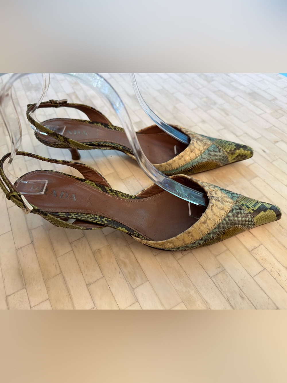 Prada 1P5478 Patch Summer Menta Python Snakeskin Slingback Heels 37 Y2K Shoes - Picture 3 of 10